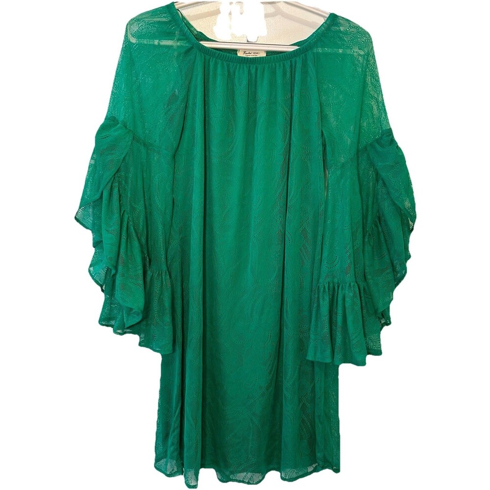 Rachel Kate Green Lace Tunic Mini Dress Small Sheer Ruffle Sleeves Made USA